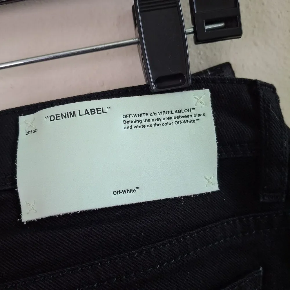 Off White Virgil Abloh Black Denim Slim Fit Jeans 28 Logo Tape Side Stripe ITALY